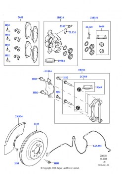Диски и суппорты передних тормозов (Дизель 3,0 л 24V DOHC V6 TC, Мощность двигателя - 190/600, 3.0 V6 D Gen2 Mono Turbo, Мощность двигателя - 190/600, Дизель 3,0 л 24V DOHC V6 TC, 