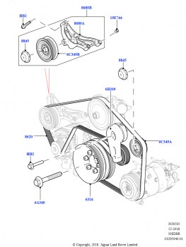 Шкивы и приводные ремни (Первичный привод, 5.0 бензиновый AJ133 DOHC CDA, С передн.и задн.пневм.подвеской, 5.0L P AJ133 DOHC CDA S/C Enhanced, Со спортивной подвеской, 5.0 бензинов